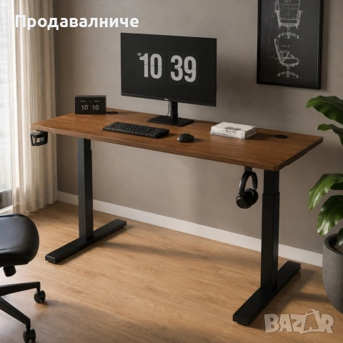 Практично кафяво бюро с вграден органайзер за кабели, 120x60 см - С поставка за чаша и слушалки, снимка 2 - Бюра - 54680484