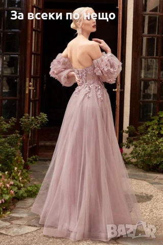 Дамска Ефирна Дълга Тюлена Рокля С Дантелени Апликации И Паднали Ръкави Код Roni37, снимка 2 - Рокли - 54012983