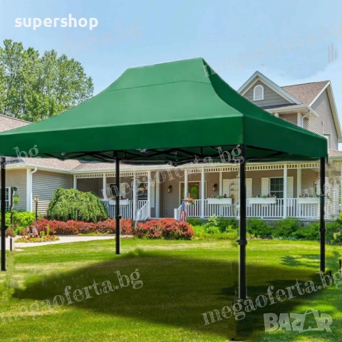 Градинска Шатра 3х4.50 - 23кг със Страници и Зелено Гумирано Покривало , снимка 6 - Градински мебели, декорация  - 54240571