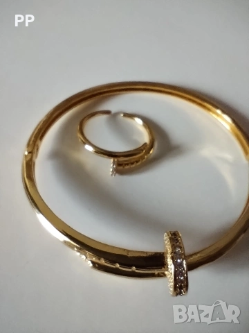 Комплект гривна и пръстен пирон с кристалчета. , снимка 2 - Пръстени - 54213173