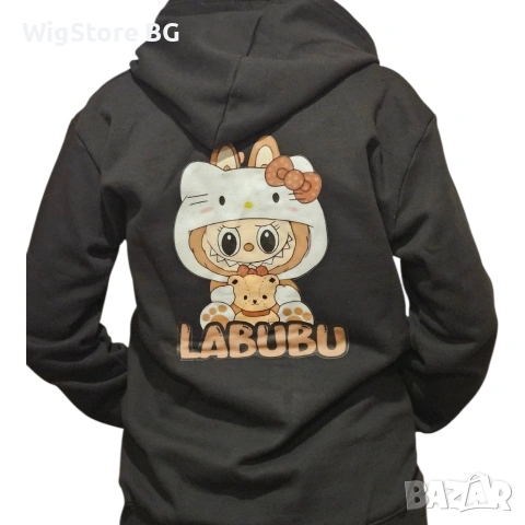 Унисекс Дамски Мъжки нов аниме суичър в черно с качулка Лабубу Black Anime Hoodie Labubu