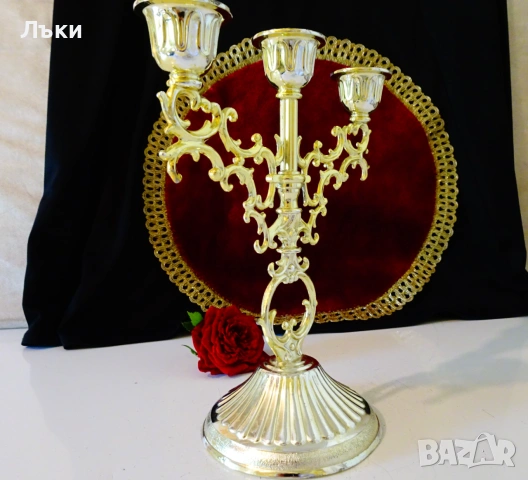 Позлатен калаен свещник тройка,троен свещник,печат. , снимка 3 - Антикварни и старинни предмети - 54973840