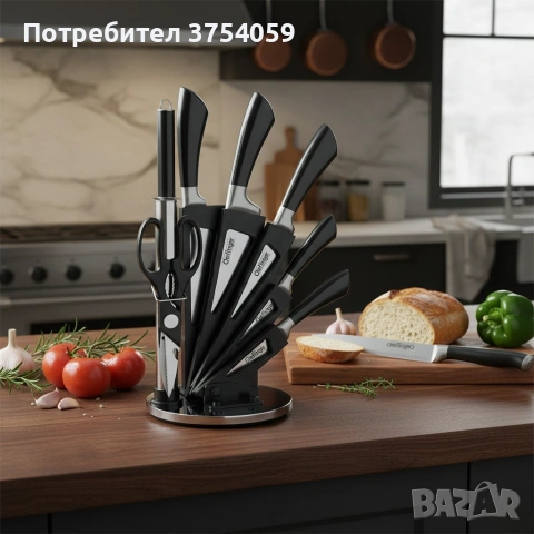 Комплект ножове 8 части със стойка Cheffinger – неръждаема стомана, въртяща се акрилна поставка 360°, снимка 4 - Прибори за хранене, готвене и сервиране - 55182801