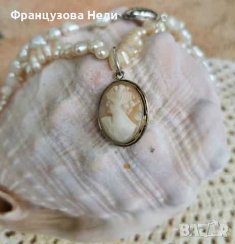 Перлена огърлица с камея, сребро/800/, снимка 2 - Антикварни и старинни предмети - 54394282