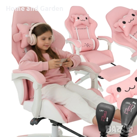 Ергономичен розов геймърски стол с поставка за крака, снимка 6 - Столове - 53965197