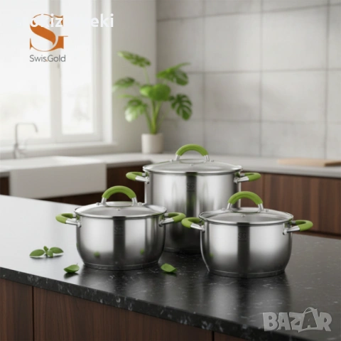 Комплект тенджери Swisgold – 3 броя, 5-слойно дъно - бързо и равномерно готвене, снимка 2 - Съдове за готвене - 54088641