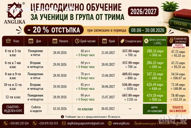 Целогодишно обучение по английски език за ученици 