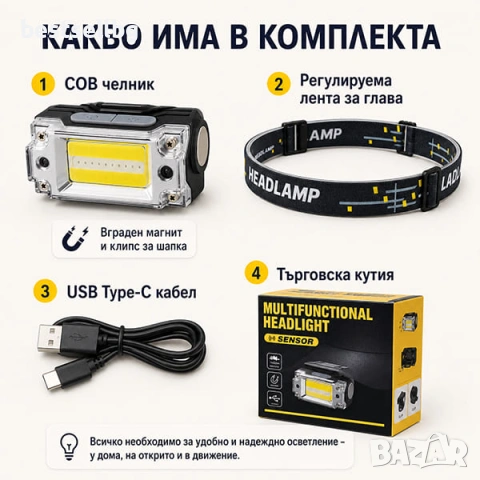 Мощен акумулаторен челник със сензор USB LED фенер за глава къмпинг лов риболов бягане работа, снимка 5 - Къмпинг осветление - 50877966