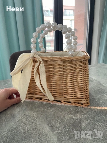 Сламена чанта с панделка и дръжки с перли, снимка 8 - Чанти - 54172476