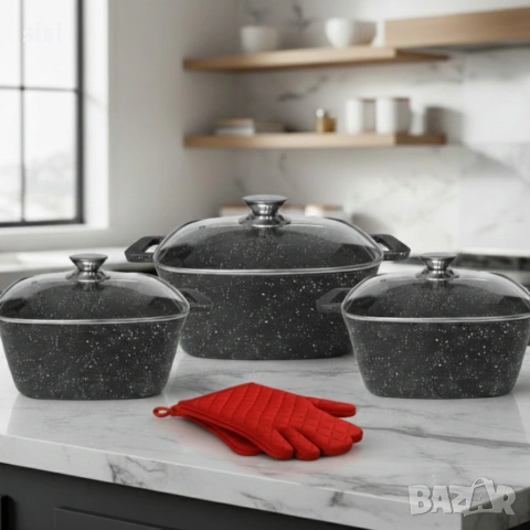 Комплект тенджери – Cheffinger от 3 части с мраморно покритие и капаци + подарък 2 ръкавици, снимка 5 - Съдове за готвене - 54144079