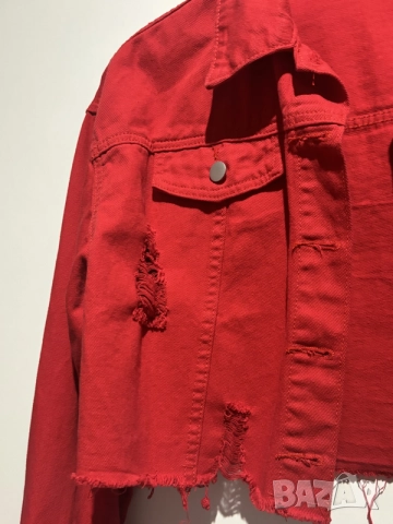     SHEIN Red Cropped Denim Jacket , снимка 3 - Якета - 55477058