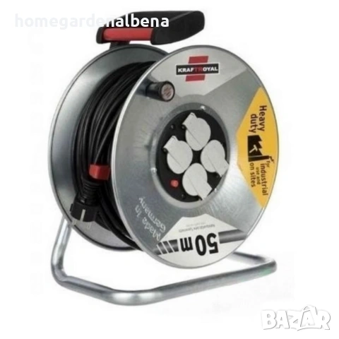 Електрически удължител с макара KraftRoyal 50 м, 4 гнезда, 2x2.5 мм², метален корпус, снимка 4 - Други инструменти - 54142785