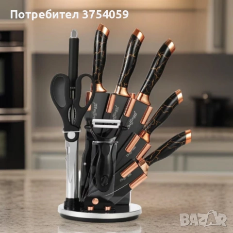 Комплект уреди за рязане Cheffinger – 9 части с мраморно покритие, стойка, точило и белачка, снимка 2 - Прибори за хранене, готвене и сервиране - 55182840