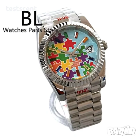 Автоматичен часовник 39mm Automatic Watch Jigsaw Puzzle Dial Sky Blue пъзел небесено син, снимка 3 - Мъжки - 54782230