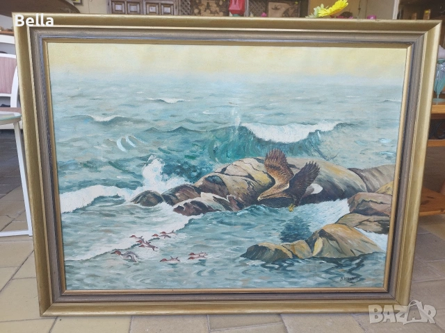 Мащабен морски пейзаж (100х78 см) – Масло, снимка 4 - Други ценни предмети - 54534662