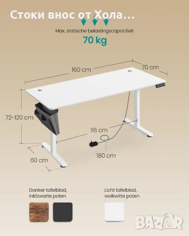 Електрическо бюро с регулируема височина SONGMICS, 160 x 70 x (72-120) см, функция за запаметяване н, снимка 3 - Бюра - 54608951