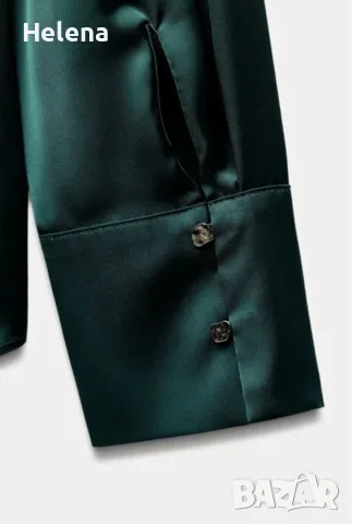 Ново Сатенена изумрудено зелена риза Zara / Дамска блуза Зара размер М, снимка 8 - Ризи - 55554471