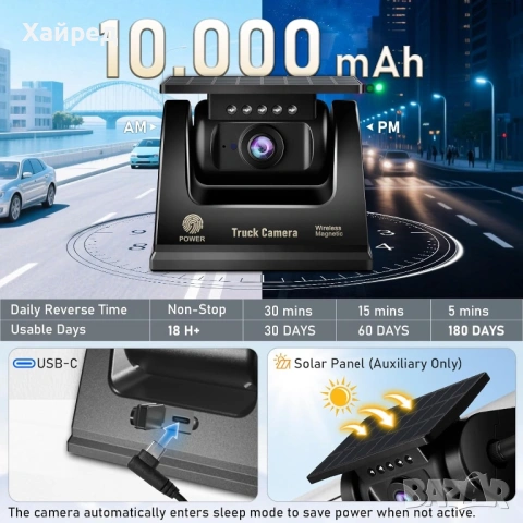 Нова URVOLAX БЕЗЖИЧНА КАМЕРА ЗА ЗАДЕН ХОД: ПРЕНОСИМА 7-ИНЧОВА APPLE CARPLAY/ANDROID AUTO - 10 000 MA, снимка 5 - Аксесоари и консумативи - 54874434