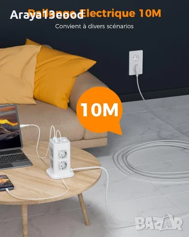 TESSAN разклонител с 8 контакта, USB-C и 3× USB-A, 10 м кабел, защита от претоварване– 3600W, снимка 5 - Други - 55616316