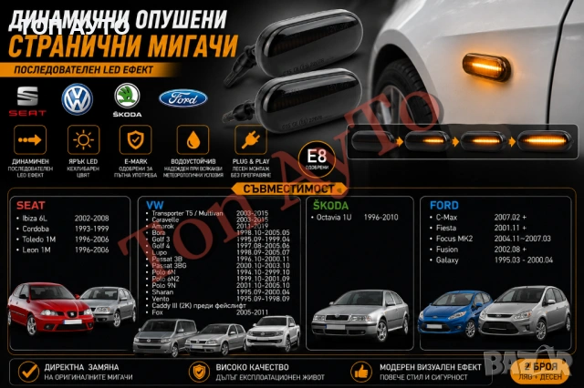 Страничен Опушен Динамичен LED Мигач За Фолксваген Шкода Сеат Форд VW Skoda Seat Ford E8 одобрен