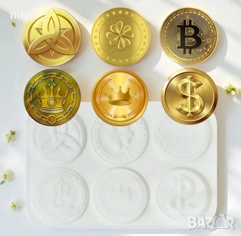 Bitcoin Биткойн Mora coin паричка монета долар корона детелина силиконов молд форма фондан 