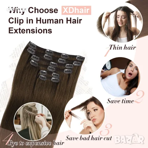 XDhair екстеншъни за коса тип „щипка“ от естествена човешка коса, средно кафява,100 гр.,6бр., 40 см, снимка 8 - Аксесоари за коса - 55568927