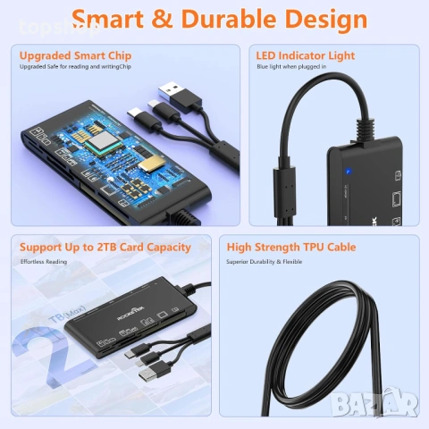 Нов проверен професионален 7 в 3 Карт Райдър USB C USB 3.0 Lightning за 5 карти едновременно, снимка 7 - Кабели и адаптери - 54542522