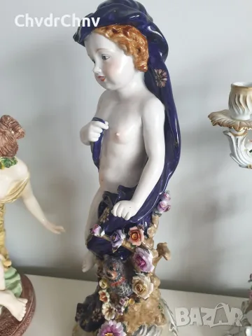 Meissen фигура 49см-2,4кг/еротика/Майсен порцеланова статуетка на момиче с цветя и бухал, снимка 2 - Статуетки - 55606482