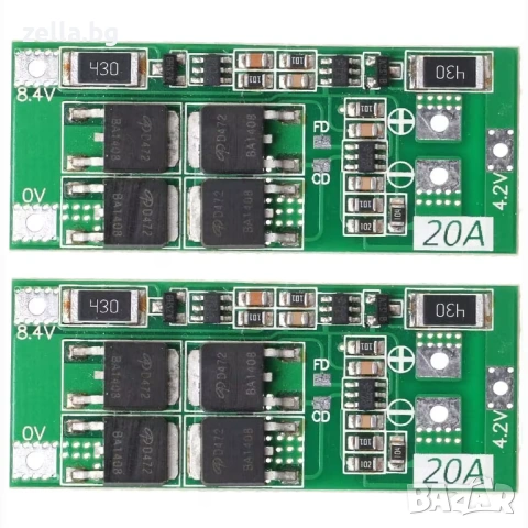 Комплект 2 броя BMS модул 2S 20A 7.4V с балансиране, защита за Li-Ion 18650/26650, DIY 10452