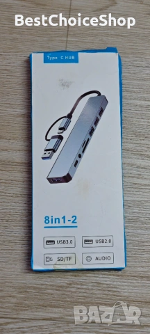 USB-C 8-в-1 хъб: 4 USB-A, четец за SD/TF карти, жак за слушалки, многопортов адаптер, снимка 4 - Кабели и адаптери - 55133667