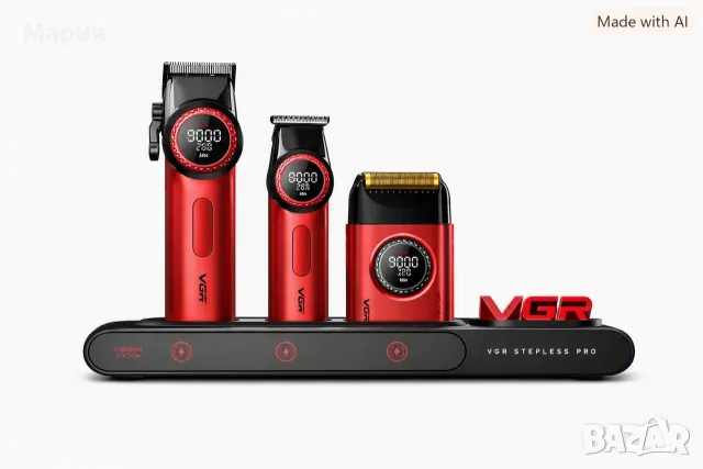 Професионален комплект за подстригване VGR – 21 скорости, керамични DLC остриета и зарядна станция