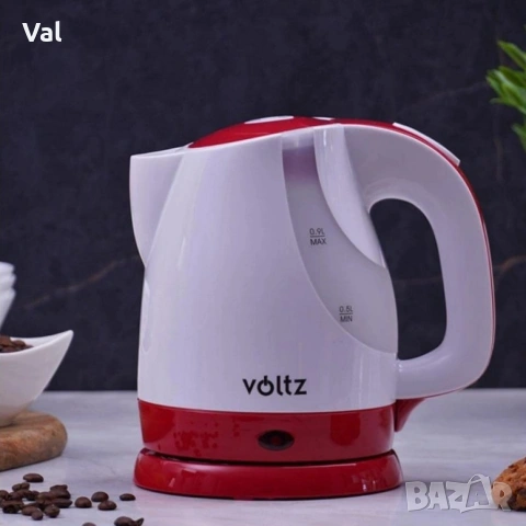 Електрическа кана Voltz Premium, 1300W, 0.9л., бяло/черно, бяло/червено, 2 ГОДИНИ ГАРАНЦИЯ