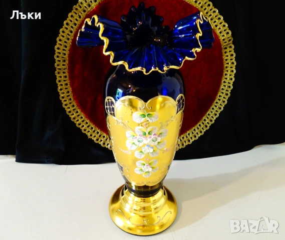 Кристална ваза Bohemia,злато,кобалт,етикет. , снимка 2 - Вази - 55192445