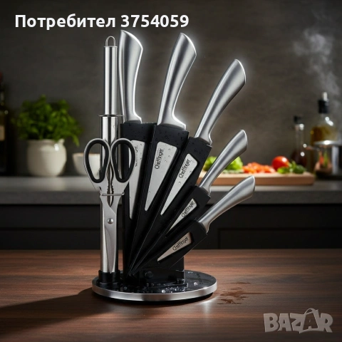 Комплект ножове 8 части със стойка Cheffinger – неръждаема стомана, въртяща се акрилна поставка 360°, снимка 5 - Прибори за хранене, готвене и сервиране - 55182801