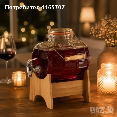 Стъклен диспенсър за напитки 3L тип Бъчва с кранче и дървена стойка, снимка 2 - Буркани, бутилки и капачки - 55448404