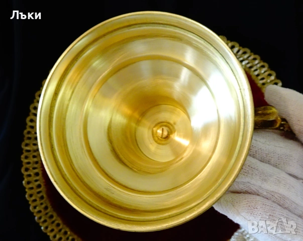 Месингов свещник с дръжка,позлата,етикет., снимка 5 - Антикварни и старинни предмети - 54543207