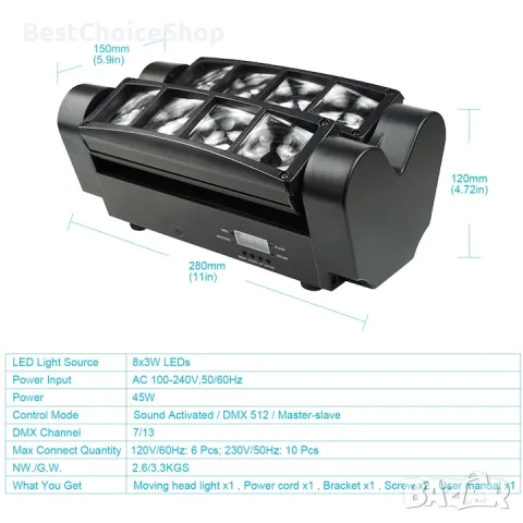 BETOPPER Сценична светлина, DJ светлина с движеща се глава за партита, 8x3W RGBW LED паяк, снимка 7 - Прожектори - 55619740