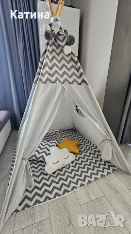 Детска палатка за игра, с прозорец, 3 възглавници