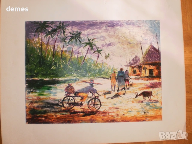 На пазар-картина с маслени бои, Африка, снимка 4 - Картини - 55071956