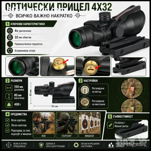 Тактически оптически прицел 4X32 мерник бързомер за въздушна пушка еърсофт оръжие фибро влакно, снимка 8 - Оборудване и аксесоари за оръжия - 51051083