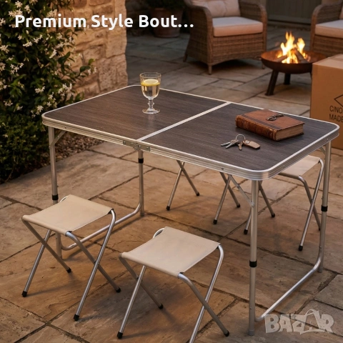 Комплект сгъваема къмпинг маса с 4 стола, регулируема височина, дизайн "куфар" в сив цвят