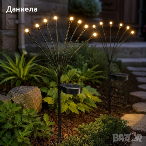 Соларни декоративни градински лампи с 8 LED светлини – комплект 2 броя, топло бяла светлина, снимка 3 - Декорация за дома - 54837234
