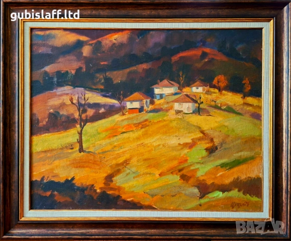 Картина, пейзаж, къщи, худ. Цецин, 1976 г.