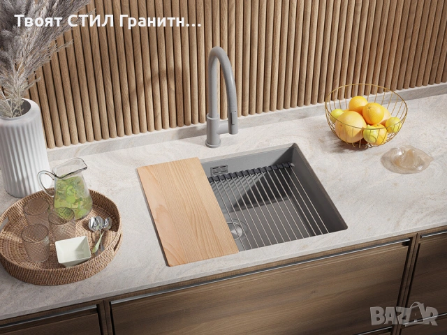 Сив кухненска мивка за вграждане под плот Прага 60 Level 560 x 470 мм