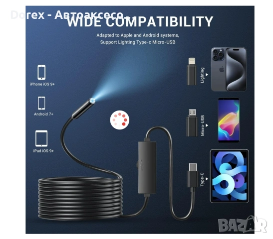 Ендоскоп камера за телефон IOS Android 3м кабел, снимка 3 - Аксесоари и консумативи - 54109264