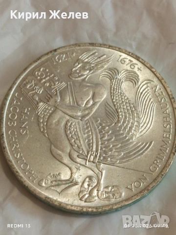 Сребърна монета 5 марки 1976г. ФРГ тема 300г. От смъртта на писателя Ханс Якоб 40056, снимка 3 - Нумизматика и бонистика - 54734470