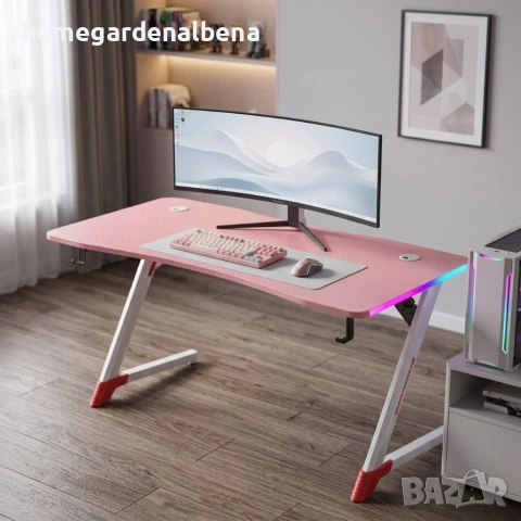 Розово геймърско бюро 140x60x75 см, RGB LED осветление, карбонов плот, стойка за слушалки и напитки
