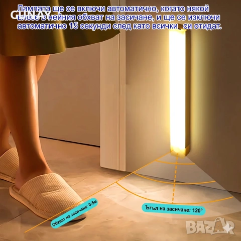Безжична LED Лампа със Сензор за Движение, USB Батерия, 20см Магнитна за Кухня и Шкаф, снимка 3 - Лед осветление - 55064111