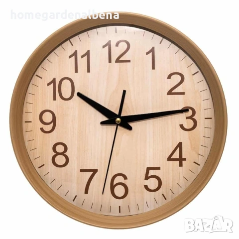 Стенен часовник бежов Ø30 см — дървесна текстура, кварцов механизъм