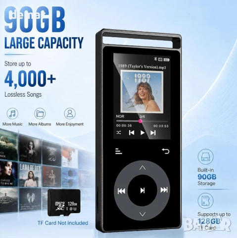 MP3 плеър 90GB Bluetooth 5.3, FM радио, HiFi звук, поддръжка до 128GB, слушалки, снимка 4 - MP3 и MP4 плеъри - 54890941